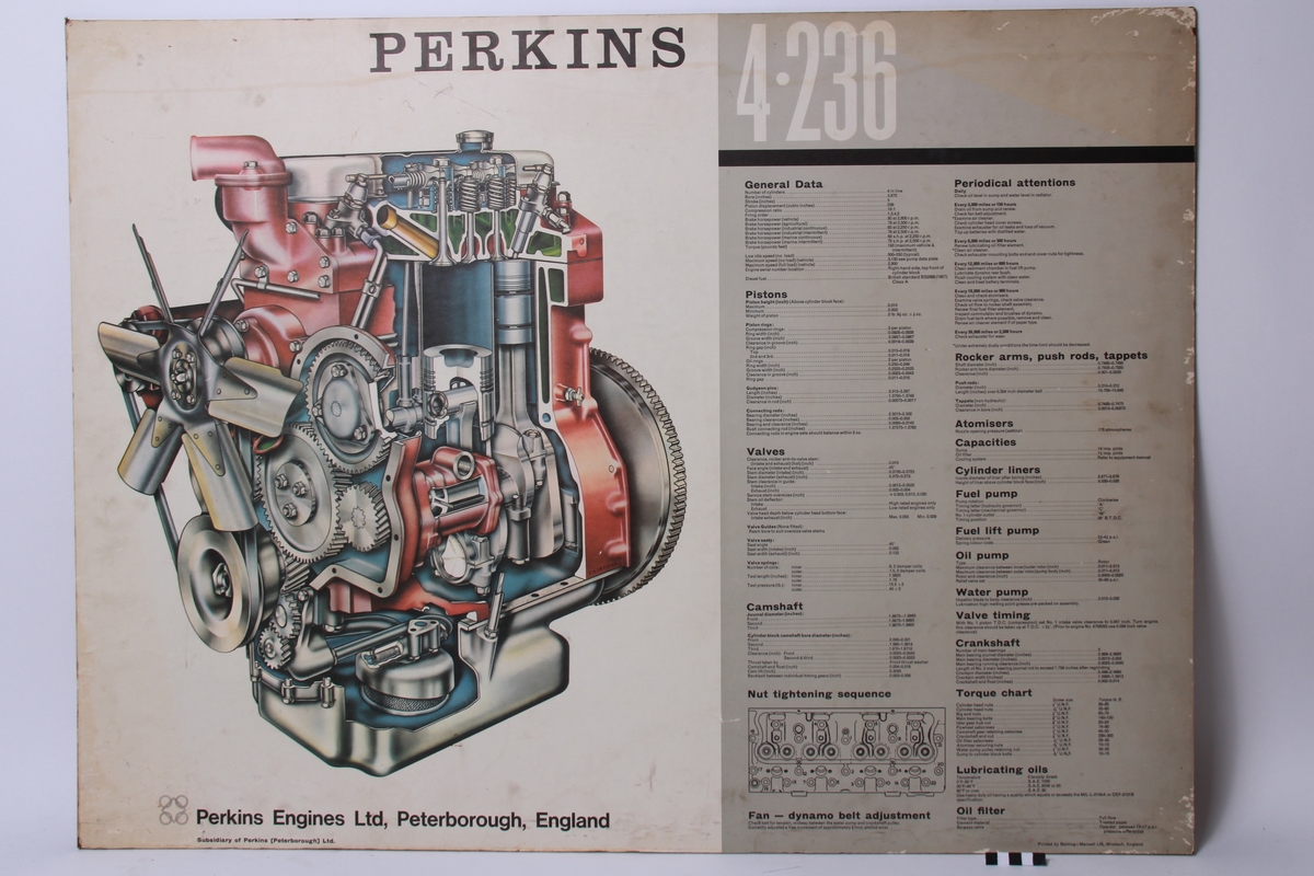 Tegning av Perkins motor med detaljer