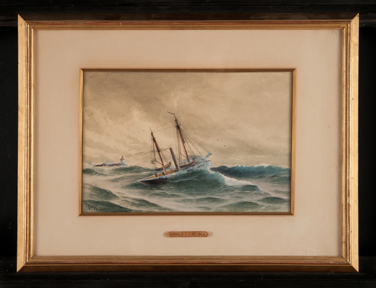 Föreställer kanonbåten Gunhild i storm på Vättern, fraktande kanoner från Motala till Karlsborgt 3 dec 1864.