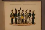 Plansch med uniform för Jämtlands hästjägarkår och Jämtlands fältjägarregemente för åren 1779-1845. Plansch i färgtryck efter original av Adolf Ulrik Schützercrantz. Ingår i planschsamlingen Svenska krigsmaktens fordna och närvarande munderingar.