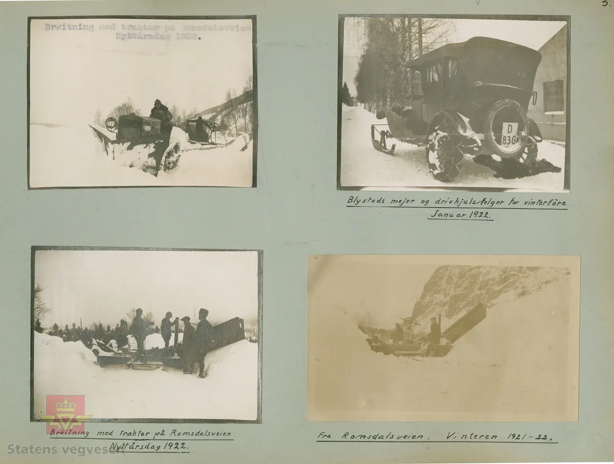 Album fra 1918-1934, "Snebrøyting." Brøyting med beltetraktor på Romsdalsveien. Nyttårsdag 1922. Kan være en Bates Steel Mule traktor utfra "Meddelelser fra Veidirektøren,"  Nr. 5-Mai 1925, side 61. Artikkel om "Biltrafik paa vinterføre. Overingeniør E. Grønningsæters foredrag ved veivæsenets jubileum 10. desember 1924." 
Ref. til annonse om Bates Steel Mule i Nedlastinger.

"Beltetraktorn på foto NVM 00-F-33338 är av fabrikat Bates Steel Mule."
(Informant til kjøretøyet er Erik Stenvall).