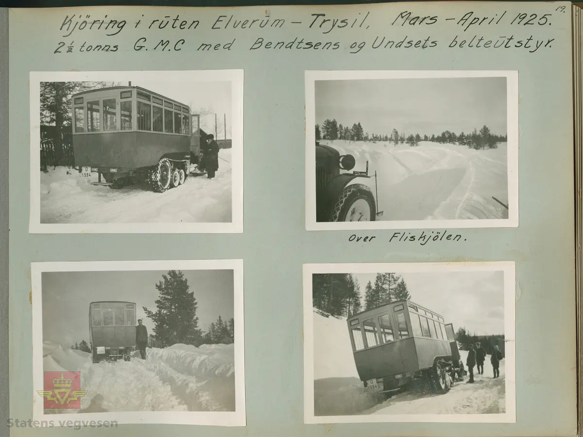 Album fra 1918-1934, "Snebrøyting." I følge merking: "Kjøring i ruten Elverum - Trysil, Mars -April 1925. 2 1/2 tonns GMC med Bendtsens og Undsets belteutstyr. Over Fliskjølen.