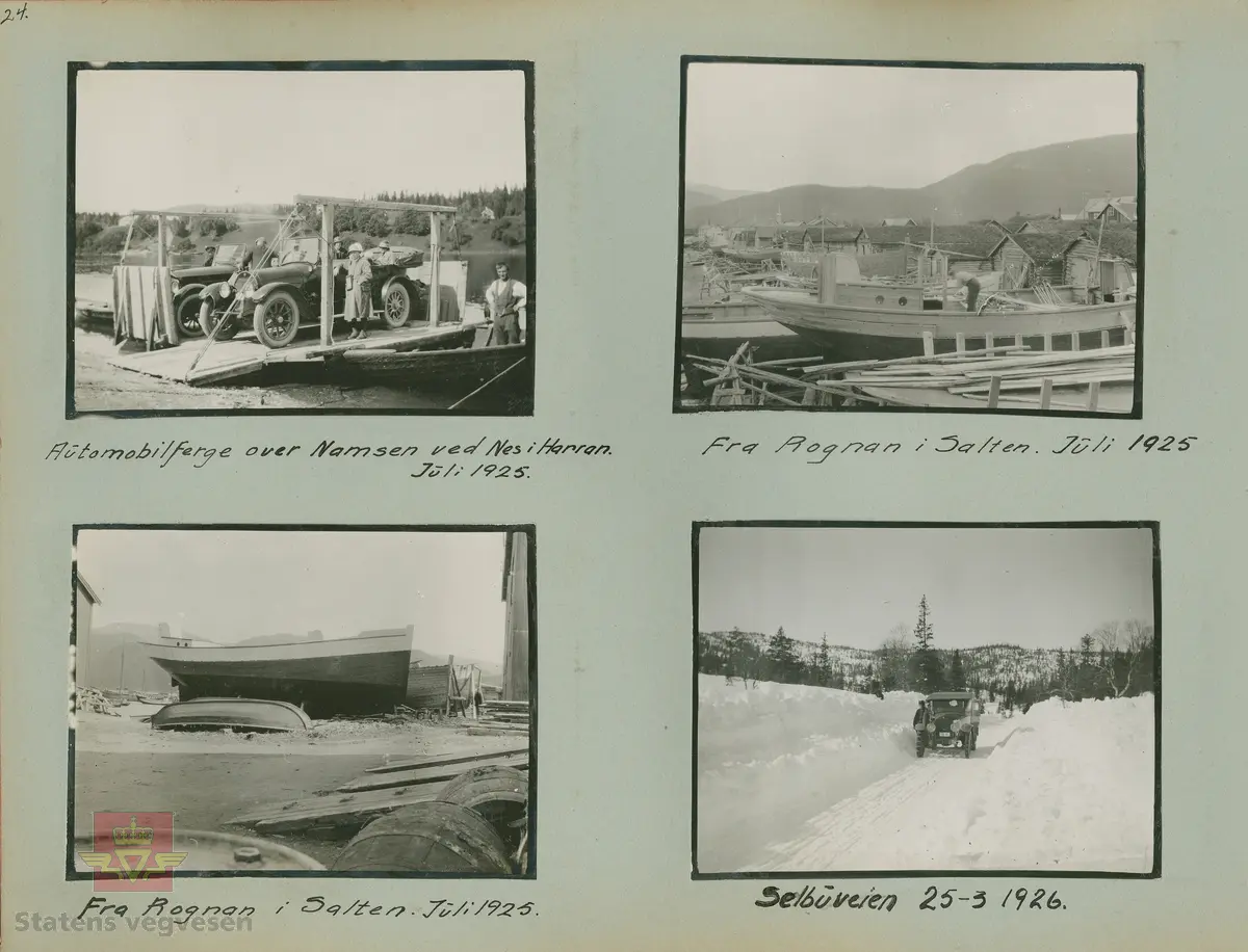 Album fra 1918-1934, "Snebrøyting." I følge merking: " Automobilferge over Namsen ved Nes i Harran. Juli 1925." Sannsynligvis en fergemann til høyre på bildet.