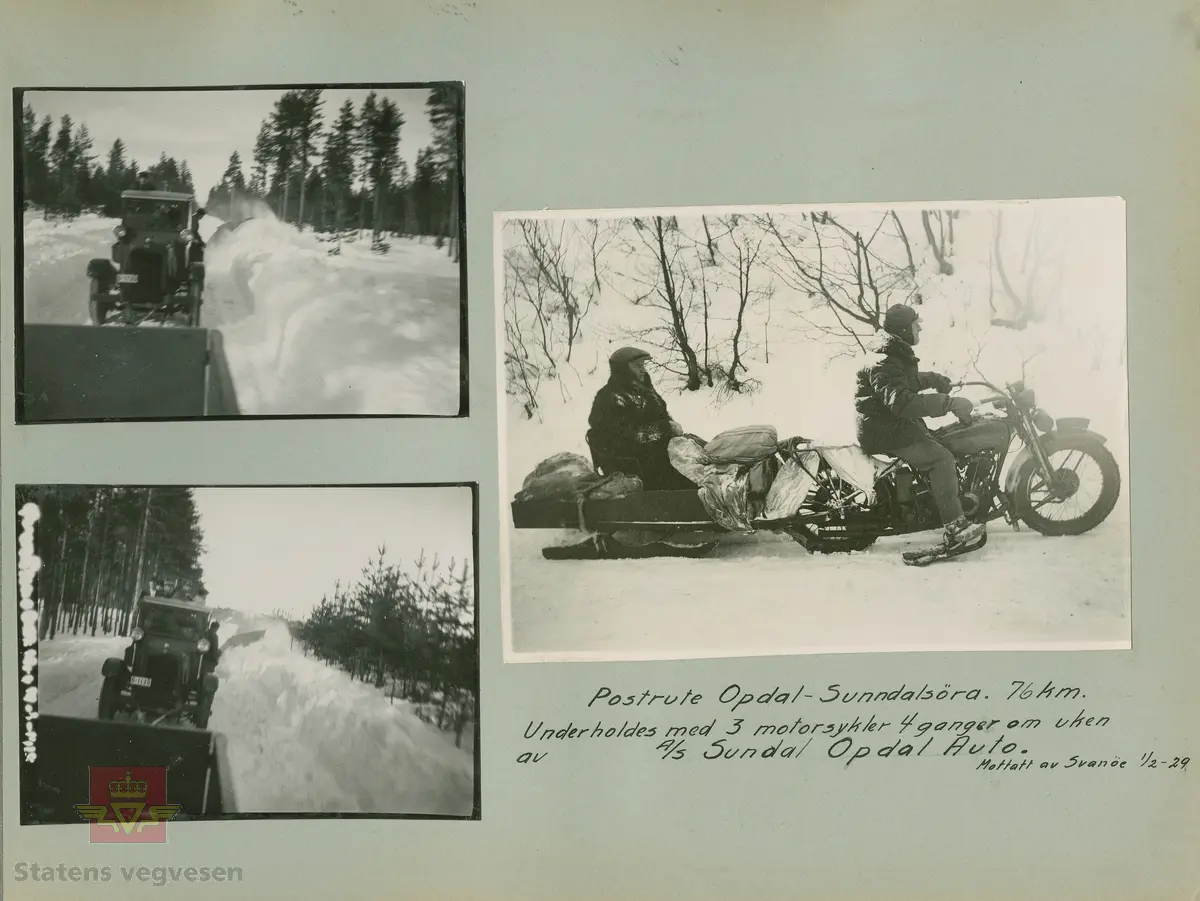 Album fra 1918-1934, "Snebrøyting." I følge merking: "Postrute Opdal - Sunndalsøra. 76 km. Underholdes med 3 motorsykler 4 ganger om uken av A/S Sundal Auto Opdal Auto.  Mottatt av Svanöe 01.02.1929." Motorsykkelen er en Harley Davidson. 
Fra "Meddelelser fra Veidirektøren", Nr.6-1929:  "Postkjøring med motorsykkel og slede fra Opdal stasjon på Dovrebanen til Sunndalsøra vinteren 1929 - 1930." Av overingeniør Edvard Svanøe.

29.03.2016: "A/S Sundal Opdal Auto drev bilruter for passasjerer og post mellom Sunndalsøra og Oppdal. Det var viktig å holde trafikken åpen hele året av hensyn til postforbindelsen. To-tre år på slutten av 1920-tallet ble det brukt motorsykler for å få posten fram. Utover 1920-tallet ble veien utover Sunndalsfjorden utbygd, først til Ålvundfjord, så til Tingvoll og Kvisvik dit veien kom i 1931. I 1932 ble det åpnet ferjeforbindelse Kvisvik-Kristiansund og det ble gjennomgående bilrute Oppdal-Kristiansund. Selskapet endret da navn til Kristiansund-Opdal Auto (KOA)."