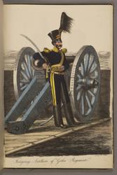 Plansch med uniform för Göta artilleriregemente. Handkolorer