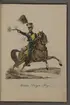 Plansch med uniform för Skånska dragonregementet. Handkolorerad litografi efter original av Johan Sjöholm. Ingår i planschsamlingen Kongliga svenska arméens uniformer utgiven som stentryck av Müller 1825.