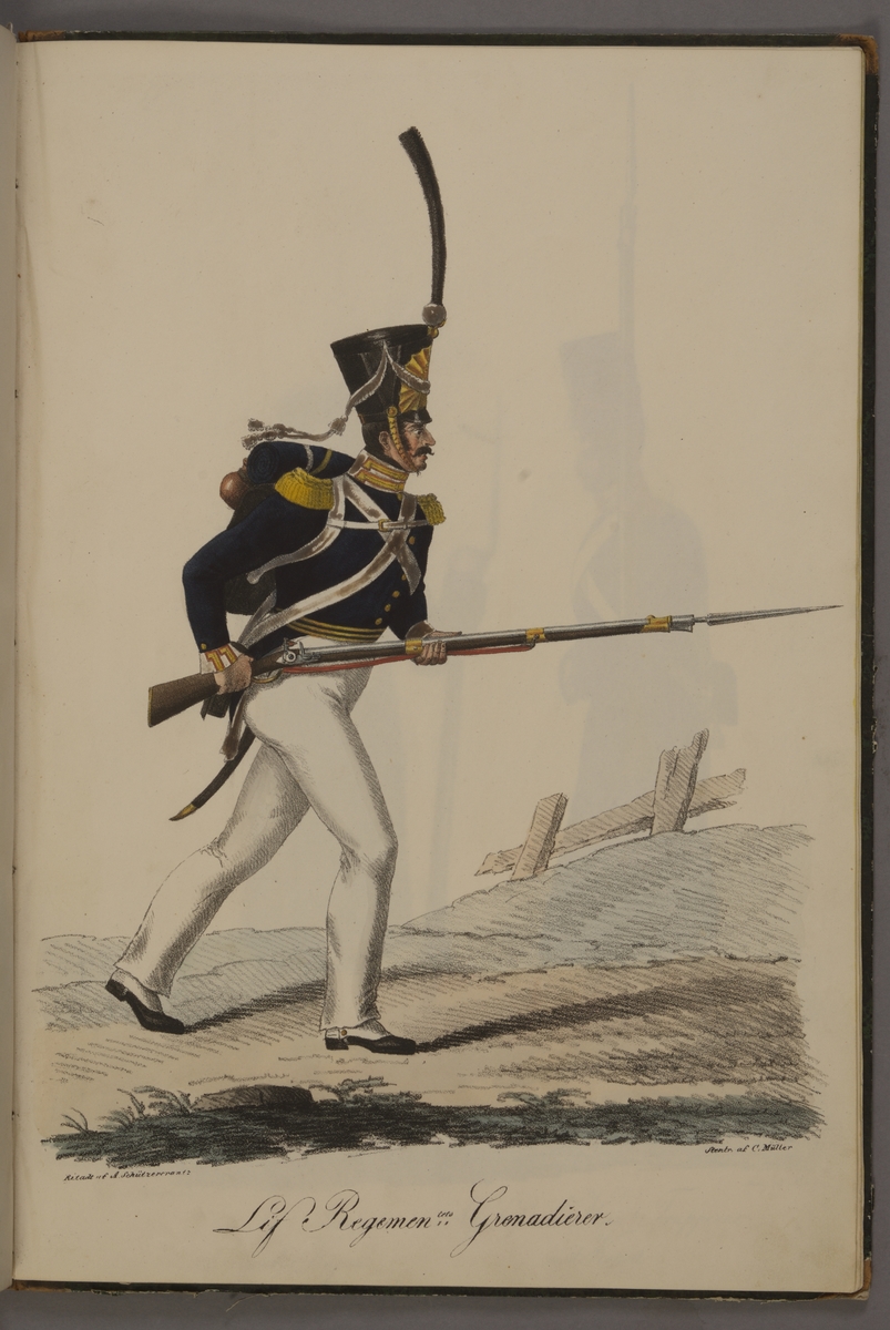 Plansch med uniform för Livregementets grenadjärer. Plansch i färgtryck efter original av Adolf Ulrik Schützercrantz. Ingår i planschsamlingen Kongliga svenska arméens uniformer utgiven som stentryck av Müller 1825.