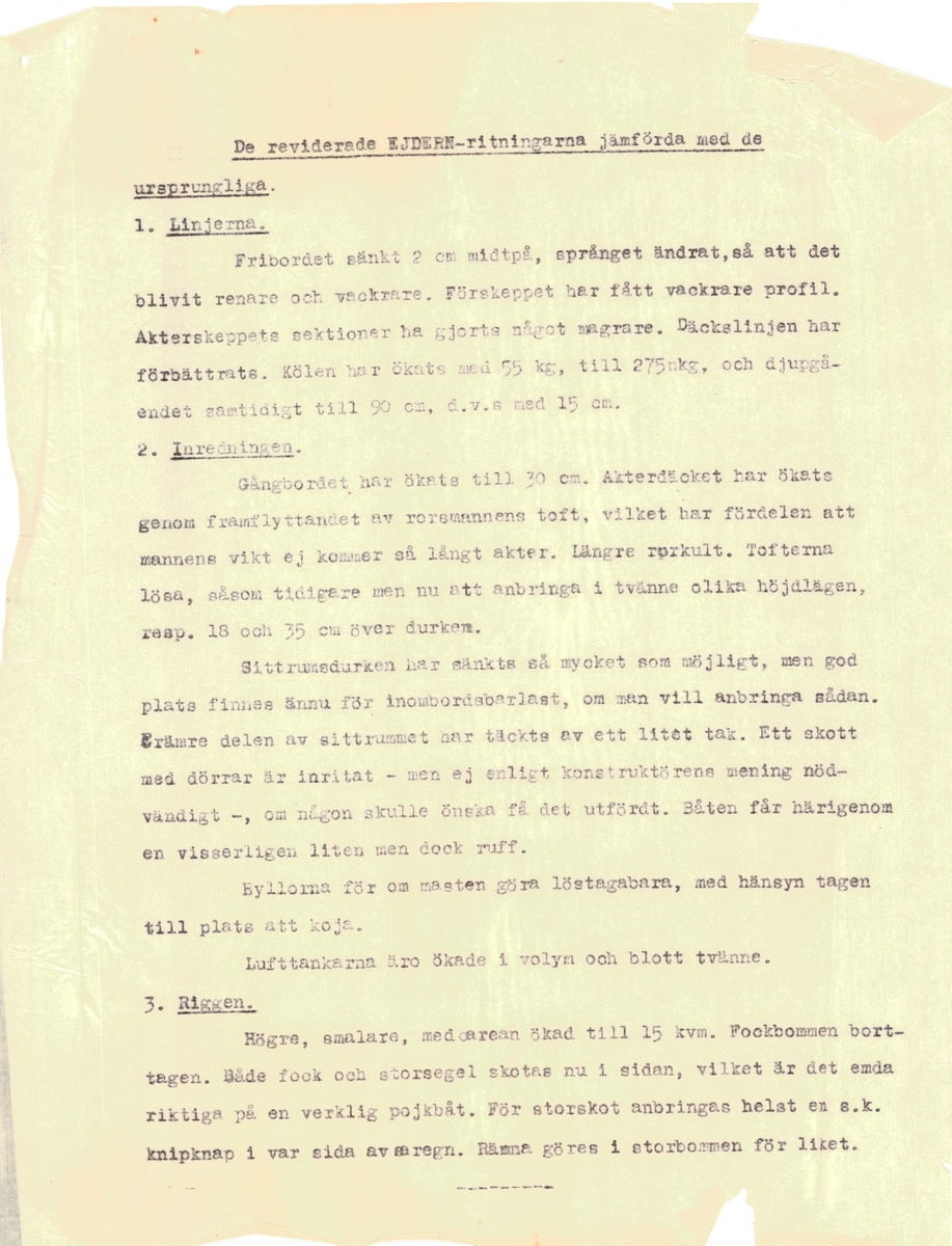 Flertal dokument: Utrustningslista, arbetsbeskrivning samt specifikation för båten (på engelska).

EJDERN, 15 kvm pojkbåt ritad av Erik Salander 1926.