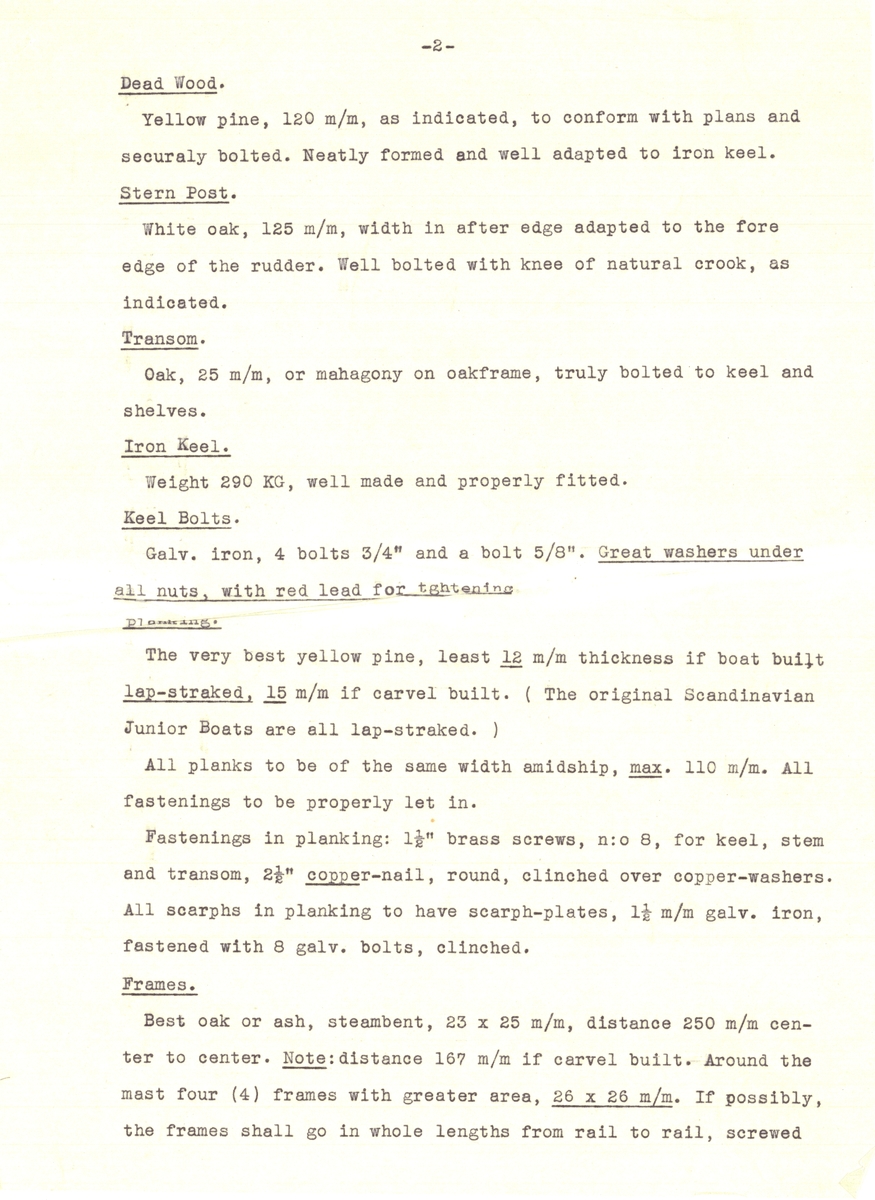 Flertal dokument: Utrustningslista, arbetsbeskrivning samt specifikation för båten (på engelska).

EJDERN, 15 kvm pojkbåt ritad av Erik Salander 1926.