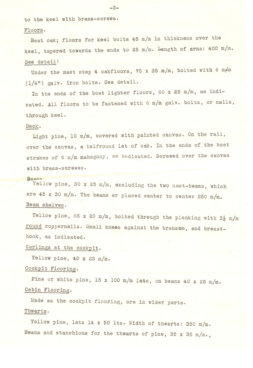 Flertal dokument: Utrustningslista, arbetsbeskrivning samt specifikation för båten (på engelska).

EJDERN, 15 kvm pojkbåt ritad av Erik Salander 1926.