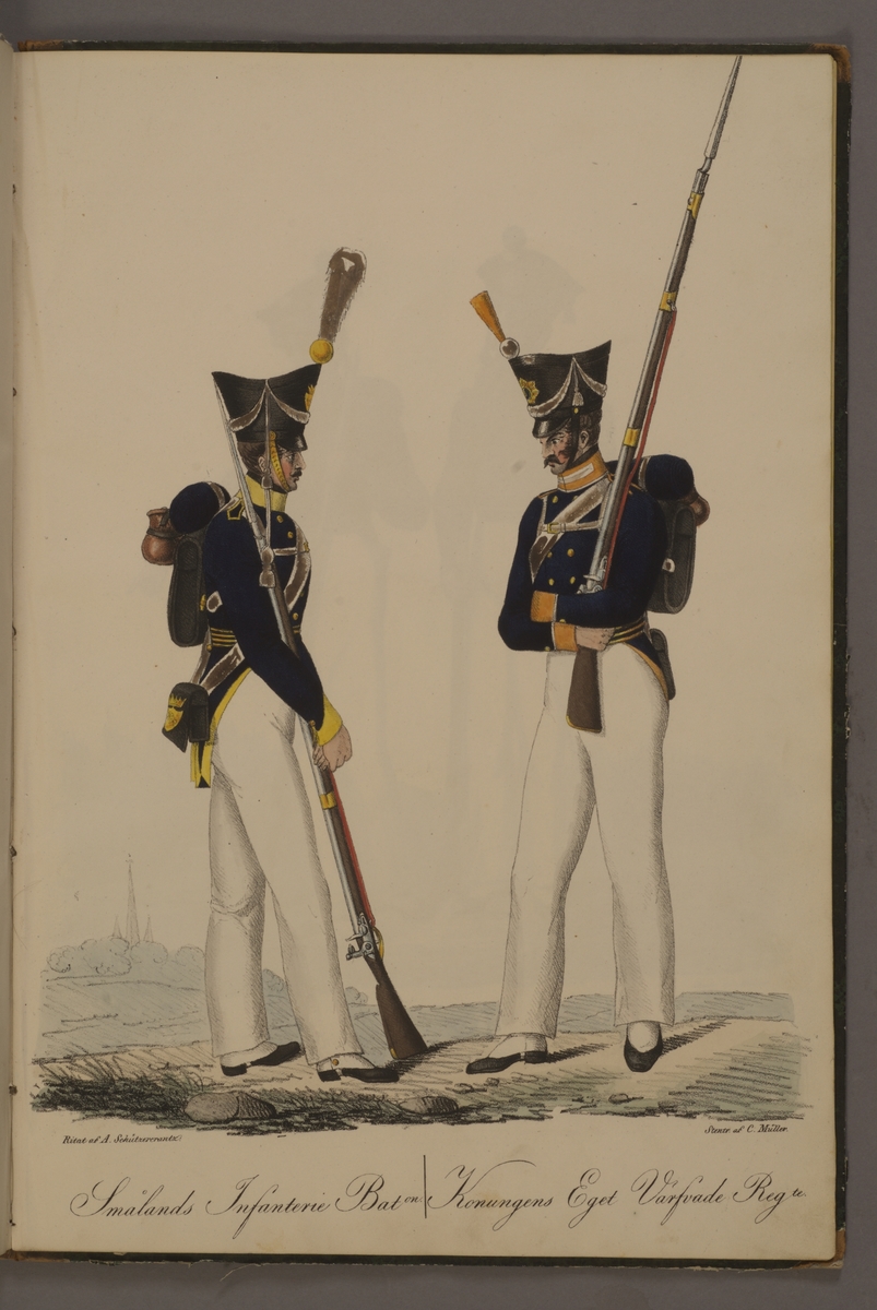 Plansch med uniform för Smålands infanteribataljon och Konungens eget värvade regemente. Handkolorerad litografi efter original av Adolf Ulrik Schützercrantz. Ingår i planschsamlingen Kongliga svenska arméens uniformer utgiven som stentryck av Müller 1825.