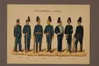 Plansch i färgtryck med uniform för Fortifikationen och Trängen för åren 1860-1900. Ingår i planschsamlingen Svenska krigsmaktens fordna och nuvarande munderingar utgiven av P.B Eklund 1900-1905.