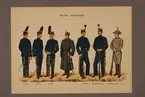 Plansch i färgtryck med uniform för Artilleriet. Ingår i planschsamlingen Svenska krigsmaktens fordna och nuvarande munderingar utgiven av P.B Eklund 1900-1905.