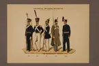 Plansch i färgtryck med uniform för Karlskrona grenadjärregemente för åren 1812-1904. Ingår i planschsamlingen Svenska krigsmaktens fordna och nuvarande munderingar utgiven av P.B Eklund 1900-1905.