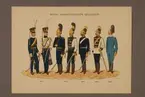 Plansch i färgtryck med uniform för Kungliga Livregementets dragoner för åren 1813-1897. Ingår i planschsamlingen Svenska krigsmaktens fordna och nuvarande munderingar utgiven av P.B Eklund 1900-1905.