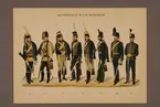 Plansch i färgtryck med uniform för Kronprinsens husarregemente för åren 1758-1888. Ingår i planschsamlingen Svenska krigsmaktens fordna och nuvarande munderingar utgiven av P.B Eklund 1900-1905.