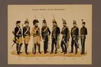 Plansch i färgtryck med uniform för Skånska husarregementet för åren 1765-1888. Ingår i planschsamlingen Svenska krigsmaktens fordna och nuvarande munderingar utgiven av P.B Eklund 1900-1905.