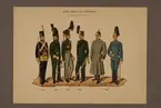 Plansch i färgtryck med uniform för Norrlands dragoner för åren 1779-1899. Ingår i planschsamlingen Svenska krigsmaktens fordna och nuvarande munderingar utgiven av P.B Eklund 1900-1905.