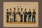 Plansch i färgtryck med uniform för Livregementets grendjärer för åren 1792-1888. Ingår i planschsamlingen Svenska krigsmaktens fordna och nuvarande munderingar utgiven av P.B Eklund 1900-1905.