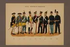 Plansch i färgtryck med uniform för Jönköpings regemente för åren 1756-1888. Ingår i planschsamlingen Svenska krigsmaktens fordna och nuvarande munderingar utgiven av P.B Eklund 1900-1905.