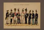 Plansch i färgtryck med uniform för Första  Livgrenadjärregementet för åren 1765-1888. Ingår i planschsamlingen Svenska krigsmaktens fordna och nuvarande munderingar utgiven av P.B Eklund 1900-1905.