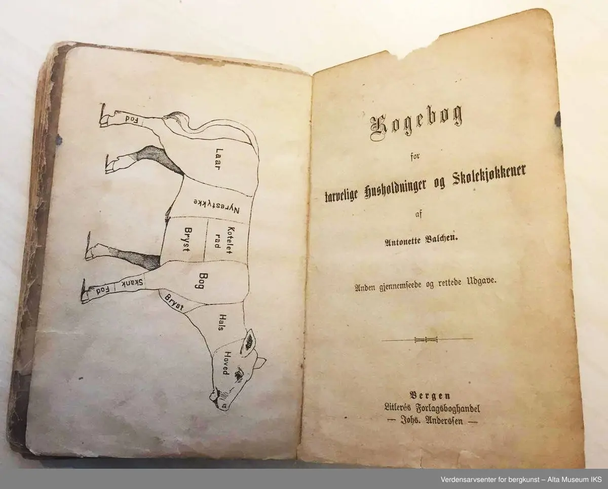 Kokebok for tarvelige husholdninger og skolekjøkkener av Antonette Baldjen. Bok med falmet og slitt omslag. Deler av boktittelen kan såvidt skimtes på bokryggen. Mellom to av bokens sider er det en presset firkløver.