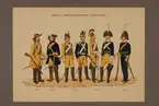 Plansch i färgtryck med uniform för Livregementets dragoner för åren 1687-1806. Ingår i planschsamlingen Svenska krigsmaktens fordna och nuvarande munderingar utgiven av P.B Eklund 1900-1905.