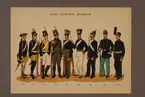 Plansch i färgtryck med uniform för Älvsborgs regemente för åren 1765-1888. Ingår i planschsamlingen Svenska krigsmaktens fordna och nuvarande munderingar utgiven av P.B Eklund 1900-1905.