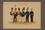 Plansch i färgtryck med uniform för Göta livgarde för åren 1816-1888. Ingår i planschsamlingen Svenska krigsmaktens fordna och nuvarande munderingar utgiven av P.B Eklund 1900-1905.