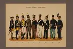 Plansch i färgtryck med uniform för Kalmar regemente för åren 1765-1888. Ingår i planschsamlingen Svenska krigsmaktens fordna och nuvarande munderingar utgiven av P.B Eklund 1900-1905.