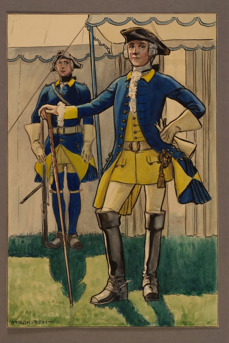 Plansch med uniform för ryttare och officer vid Västgöta kavalleriregemente 1748, ritad av Einar von Strokirch.