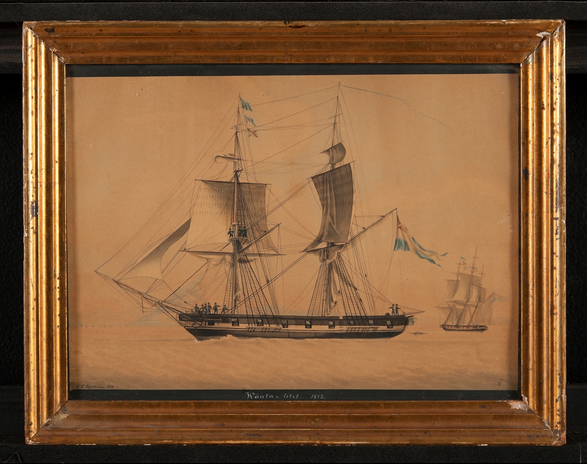 Örlogsbriggen Vänta Litet 1823 signerad I.T. Byström 1839.

Briggen har gigat undersegeln och bärgat bramsegel- samt brassat skarpt back på storen.