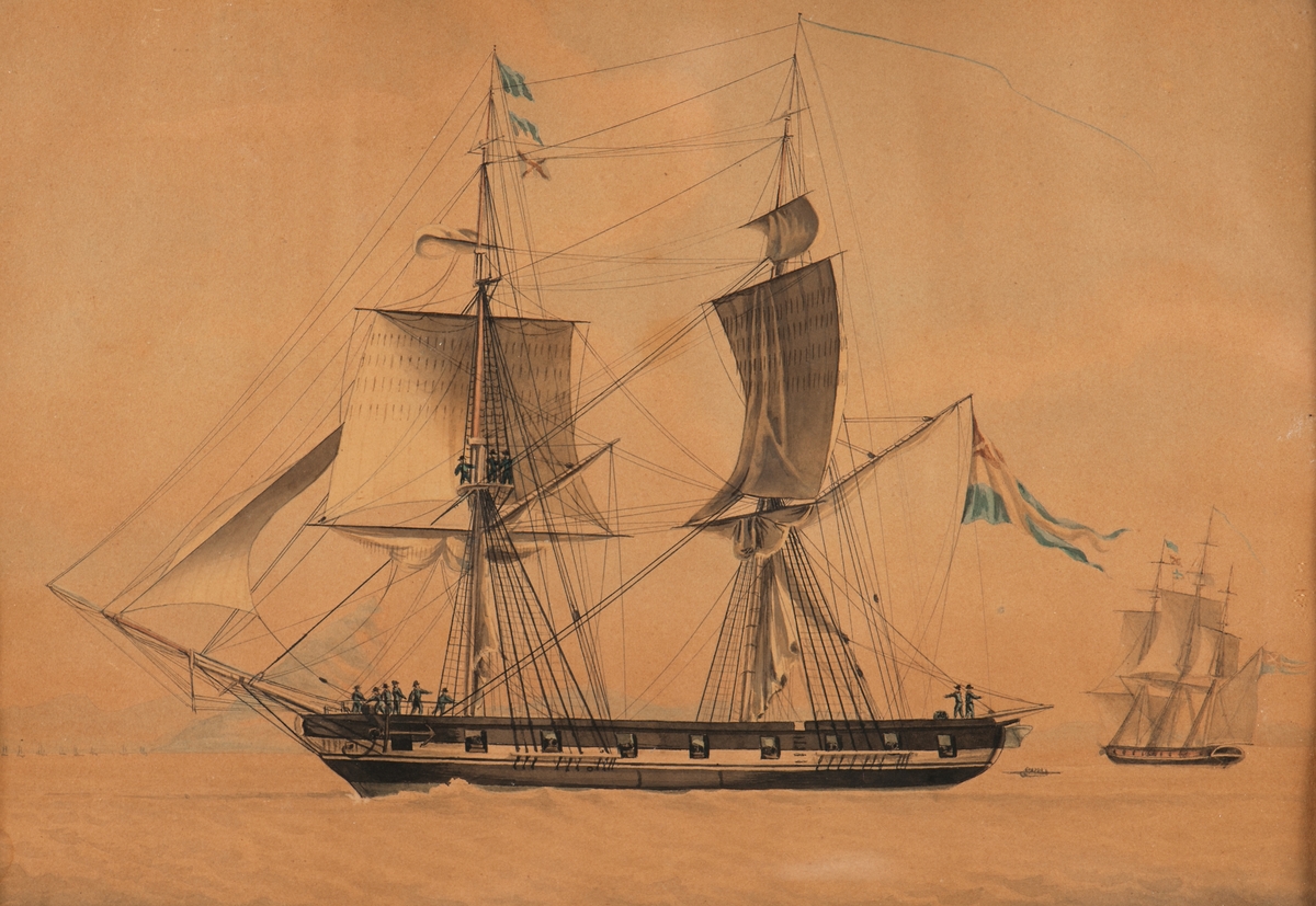 Örlogsbriggen Vänta Litet 1823 signerad I.T. Byström 1839.

Briggen har gigat undersegeln och bärgat bramsegel- samt brassat skarpt back på storen.