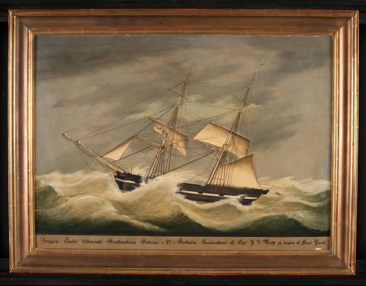 2-mastad brigg byggd på kravell av ek och fur med fallande stäv och flat akterspegel. Längd 95,4 fot, bredd 22,8 fot, djup 15,9 fot. 
Fartyget ligger bi för babords halsar i orkan med våldsam överbrytande sjö. 
8 juli 1845 startade briggen från Stockholm för en resa till Batavia (Jakarta). 13 juli stannade briggen i Helsingör för komplettering av proviantförrådet och fortsatte till Kapstaden där man lossade 504 standards bräder, 25 tunnor tjära och 5 tunnor beck. 4 november seglade man vidare till Batavia med restlast av järn. 21 januari 1846 vände Emilia hem mot Stockholm dit briggen anlände i slutet av juni med last av socker och kaffe. Ur Bertil Wulffs text Briggen Emilia från Bjäre härads hembygdsförenings årsbok - kopia av texten i sin helhet finns i bilagepärm.