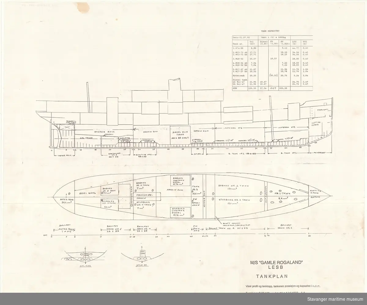 D/S ROGALAND. Oppdatert tegning fra 1992 av profil visende tanker - profil og tanktop 12.08.1929.Duplikat.