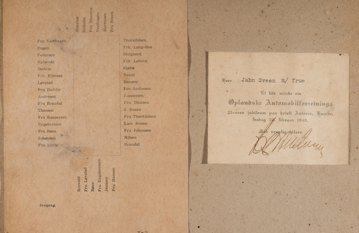 Hamar, Enggata 34, Oplandske Automobilforretning, etablert i 1923, bilforhandler av Ford i Hamar, Tidligere: Oplandske Automobilforretning & Reparationsverksted, Astoria hotell. Oplandske automobilforretnings 25-års jubileum, Hamar, fredag 27. februar 1948. Festmiddag.