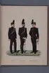 Plansch i färgtryck med uniform för läkare, hästläkare och regementsintendent. Ingår i boken Svenska arméns och flottans uniformer, utgiven av P.B Eklund 1891.