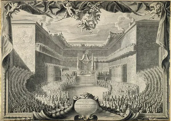 Tegning av Karl XIIs hyllest. Artist: Jacques Foucquet den yngre