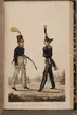 Olikheten mellan de hemmavarande och de från Tyskland återkomna svenska officerarna. Uniformsteckning av Carl Johan Ljunggren tryckt i boken Minnesanteckningar under 1813 och 1814 års kampanjer uti Tyskland och Norge, utgiven 1855.