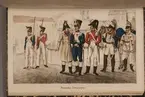 Franska trupper. Uniformsteckning av Carl Johan Ljunggren tryckt i boken Minnesanteckningar under 1813 och 1814 års kampanjer uti Tyskland och Norge, utgiven 1855.