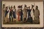 Franska fångar. Uniformsteckning av Carl Johan Ljunggren tryckt i boken Minnesanteckningar under 1813 och 1814 års kampanjer uti Tyskland och Norge, utgiven 1855.