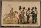 Österrikiska trupper. Uniformsteckning av Carl Johan Ljunggren tryckt i boken Minnesanteckningar under 1813 och 1814 års kampanjer uti Tyskland och Norge, utgiven 1855.