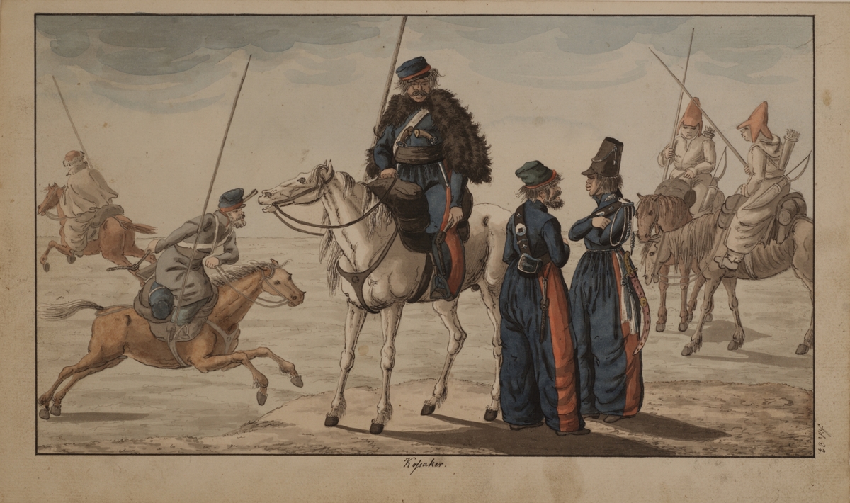 Kosacker. Originalteckning i färg av Carl Johan Ljunggren.