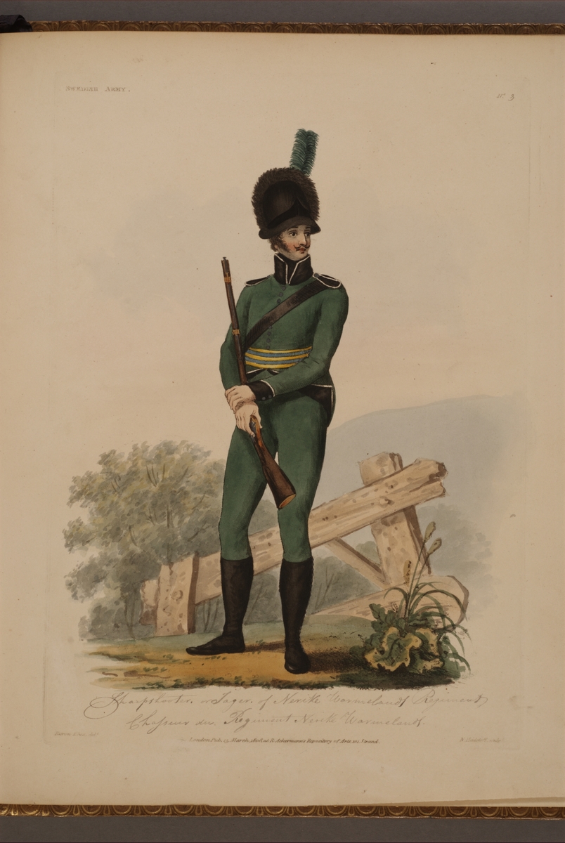 Plansch med uniform för jägare vid Närke-Värmlands regemente, ritad av Frederic Eben i boken The Swedish Army, utgiven 1808.