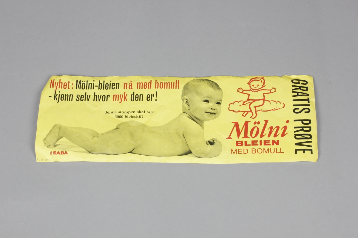 Vedlegg i pakken med bilde og tekst. Mölni bleien med bomull. Gratis prøve.