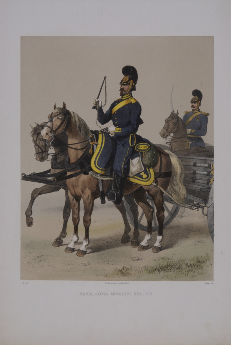 Plansch med uniform för Göta artilleriregemente. Plansch i färgtryck efter original av Fritz von Dardel. Ingår i planschsamlingen Den svenska och norske armeens uniformer, 1861-1863.