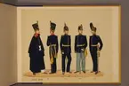 Plansch i färgtryck med uniform för Indelta armén för åren 1816-1872. Ingår i planschsamlingen Svenska arméns och flottans officersmunderingar utgiven av P.B Eklund.