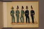 Plansch i färgtryck med uniform för Fortifikationen för åren 1833-1890, Trängen och Intendent för år 1900. Ingår i planschsamlingen Svenska arméns och flottans officersmunderingar utgiven av P.B Eklund.