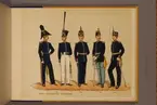 Plansch i färgtryck med uniform för Livregementets grenadjärer för åren 1816-1872. Ingår i planschsamlingen Svenska arméns och flottans officersmunderingar utgiven av P.B Eklund.