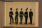 Plansch i färgtryck med uniform för Jämtlands fältjägare för åren 1838-1902. Ingår i planschsamlingen Svenska arméns och flottans officersmunderingar utgiven av P.B Eklund.