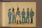 Plansch i färgtryck med uniform för Livgardet till häst för åren 1820-1899. Ingår i planschsamlingen Svenska arméns och flottans officersmunderingar utgiven av P.B Eklund.